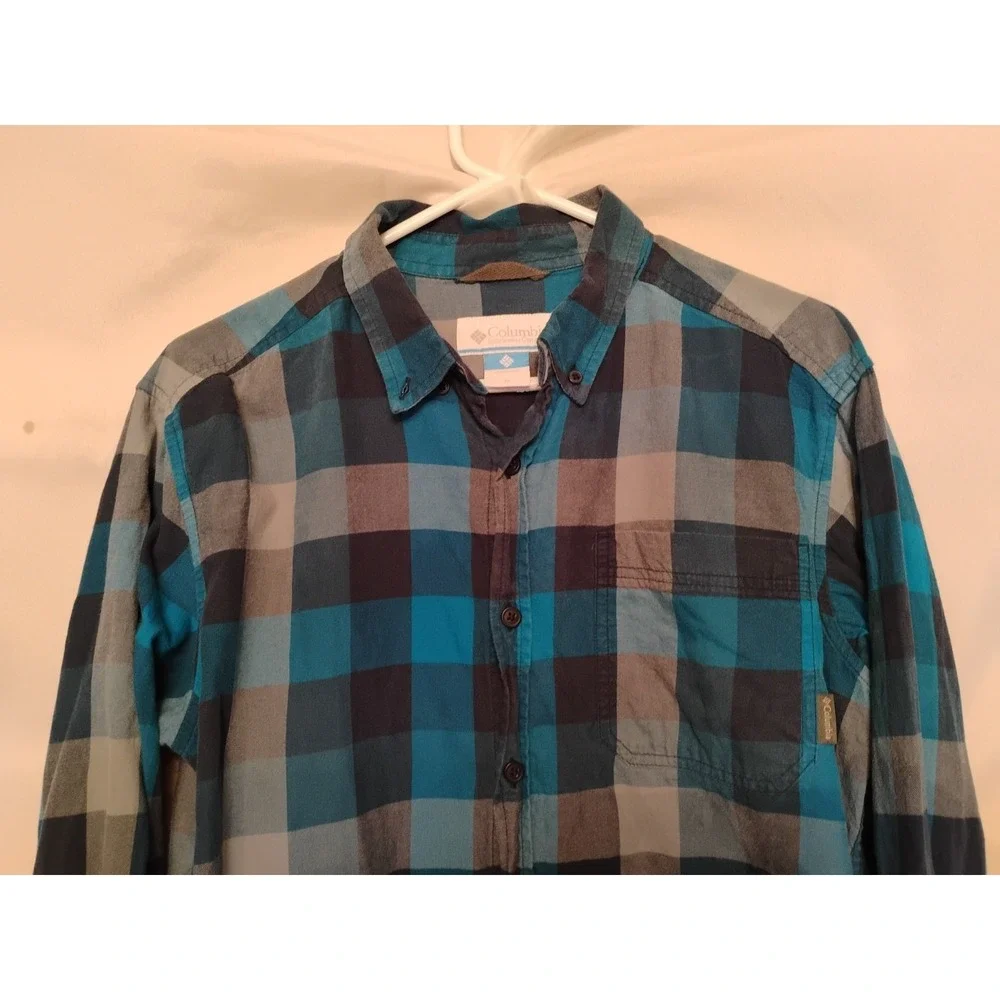 Columbia‎ Mens Medium M Black Blue Checkered Button Down Dress Shirt